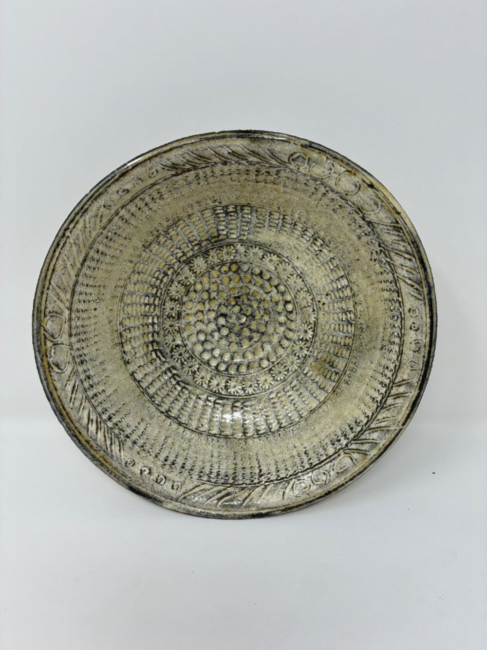 Vintage Studio Pottery Bowl Signed Incised Geometric Tribal Stoneware Art